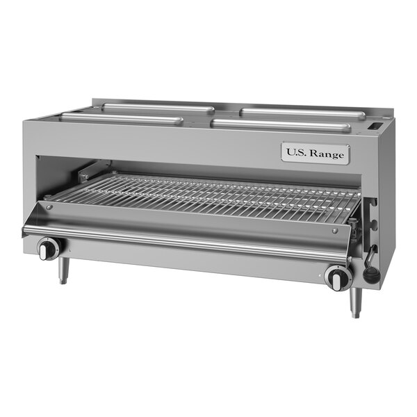 A stainless steel countertop infrared salamander broiler with control knobs and a grilling rack.