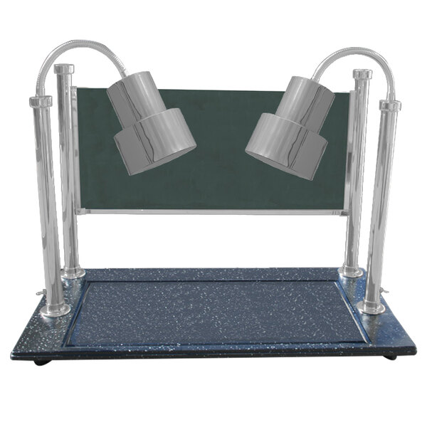 A stainless steel Hanson Heat Lamps carving station with a pair of lamps.