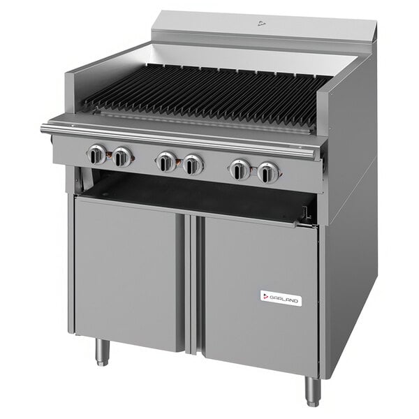 A large stainless steel Garland range match radiant charbroiler with black grills.