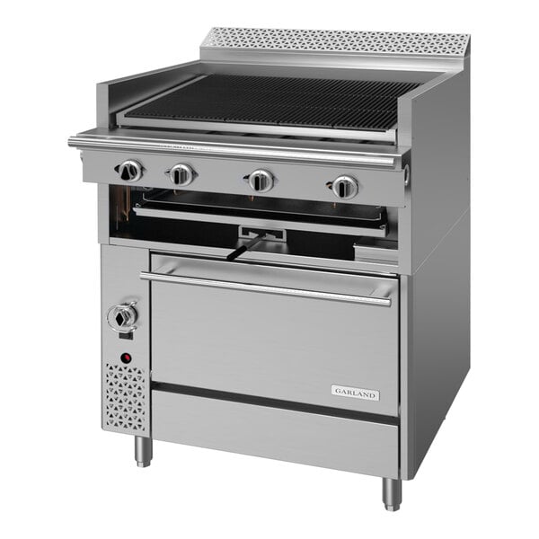 A stainless steel commercial charbroiler with adjustable grates and a convection oven base.