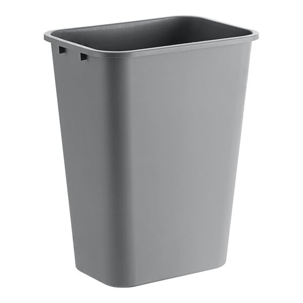 A grey plastic Lavex trash can with a lid.