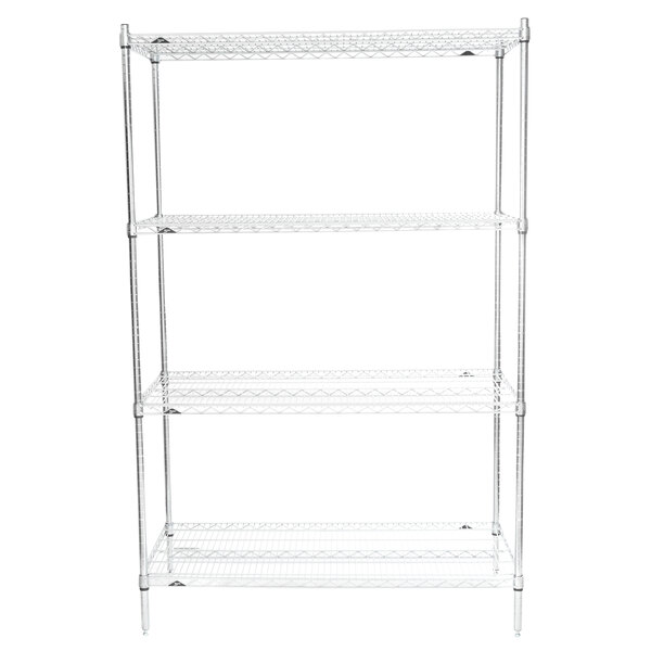 A chrome Metro Super Erecta wire shelving unit with four shelves.