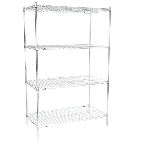 A Metro Super Erecta chrome wire shelving unit with four shelves.