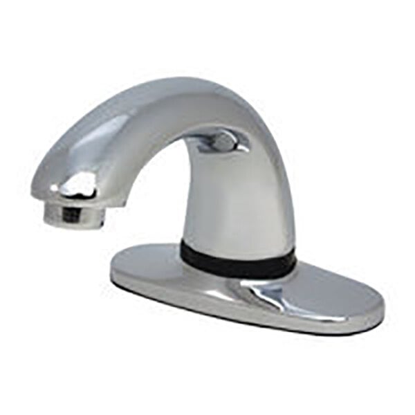 A close up of a chrome Rubbermaid sensor faucet with a black mixing valve.