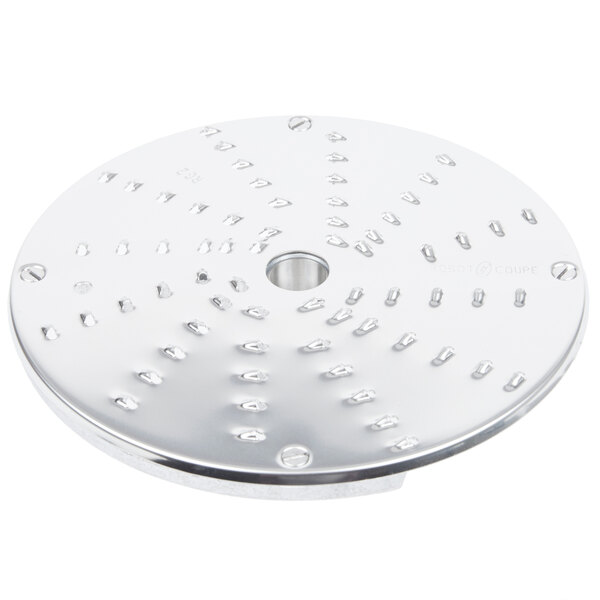 A Robot Coupe stainless steel grating / shredding disc with holes.