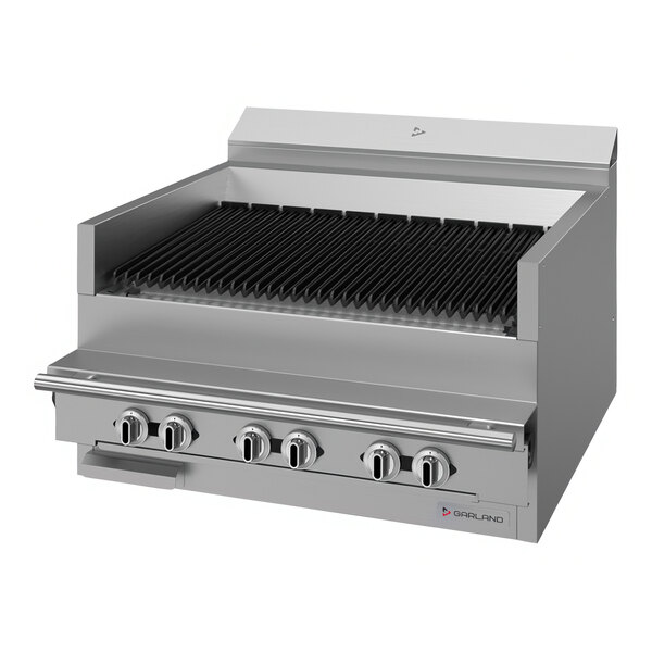A close-up of a Garland Cuisine Series charbroiler with two black grill sections.
