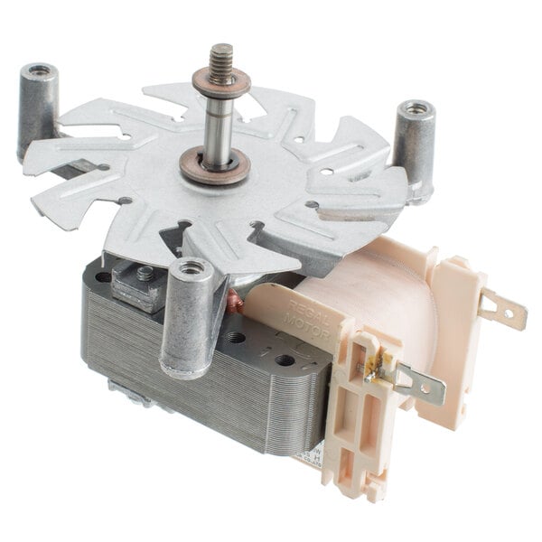 The right side fan motor for an Avantco convection oven, a small metal and plastic device with a small metal gear on top.