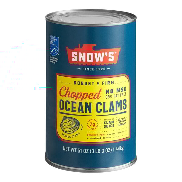 A can of Snow's chopped ocean clams with a yellow and red label.