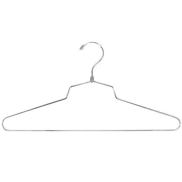 A silver heavy duty metal hanger with an open hook.