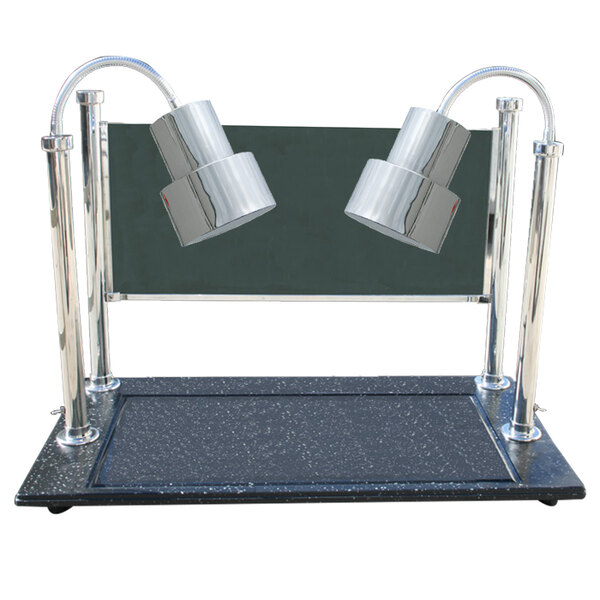 A Hanson Heat Lamps dual lamp carving station with a chrome finish on a black surface.