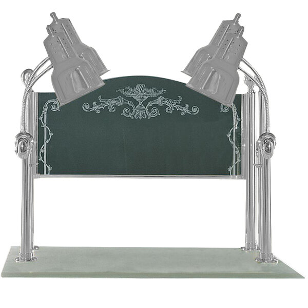 A stainless steel carving station with white solid base and etched sneeze guard under two silver Hanson Heat Lamps.