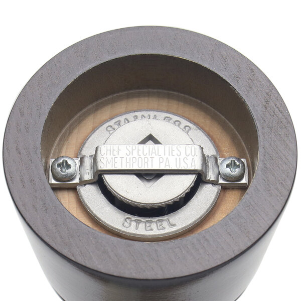 A close up of the Chef Specialties Gunmetal Pepper Mill.