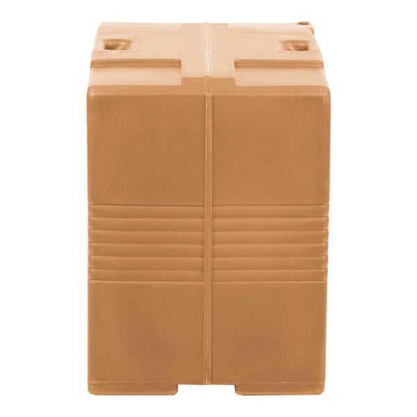A brown plastic Cambro food pan carrier with doors.