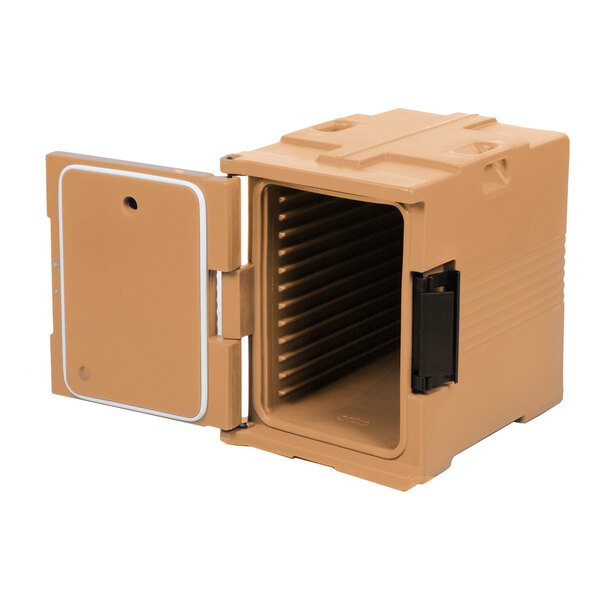 A brown plastic Cambro Ultra Pan Carrier with a door open.