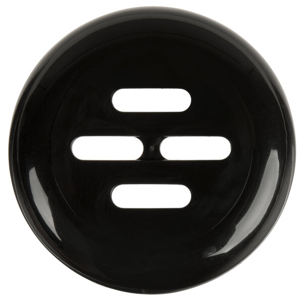 A black Tablecraft slotted shaker top with a white border and three holes.