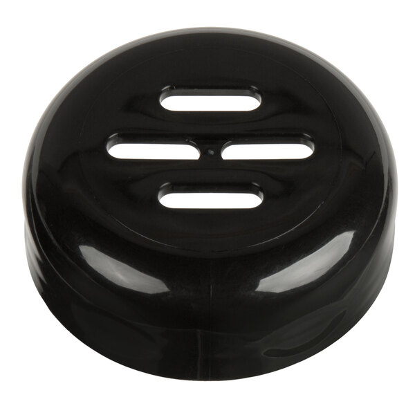 A Tablecraft black plastic slotted shaker top with four holes.