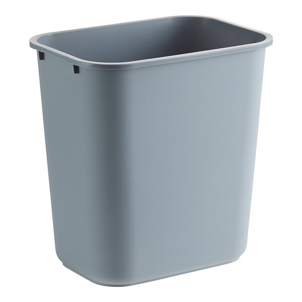 A Lavex grey rectangular plastic wastebasket with a lid.