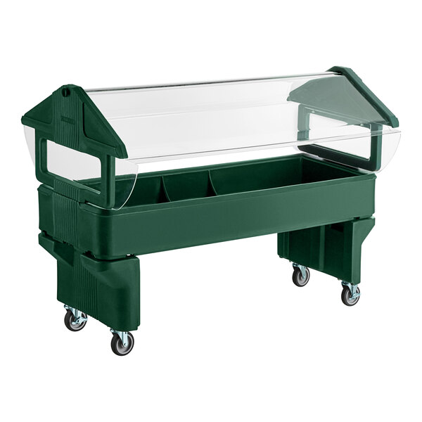 A Carlisle green food cart with a clear top on a counter.