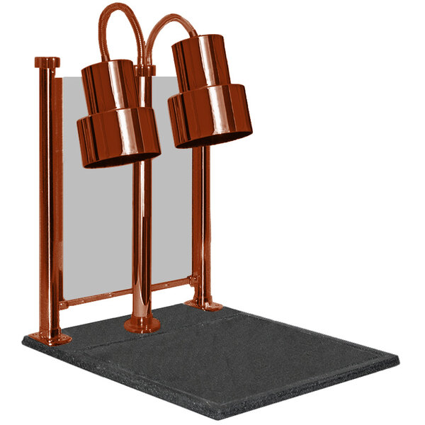 A Hanson Heat Lamps smoked copper carving station with dual lamps on a black stand.