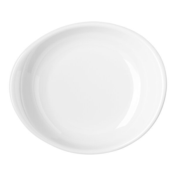A white melamine pasta plate with a slightly irregular round shape.