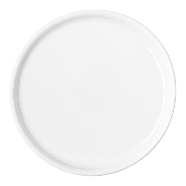 A round, plain white melamine plate.