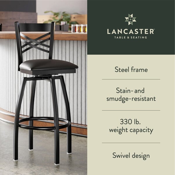 Graphic showing a cross back bar stool with black padded seat, black frame, and features.