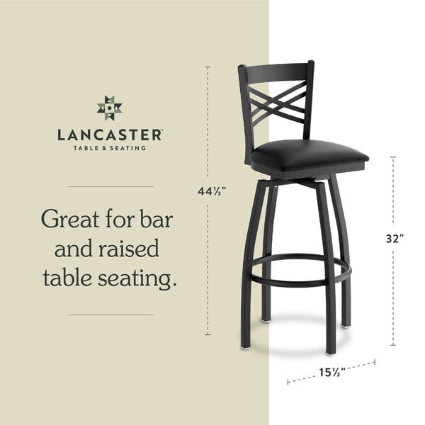 Graphic showing a cross back bar stool with black padded seat and dimensions.