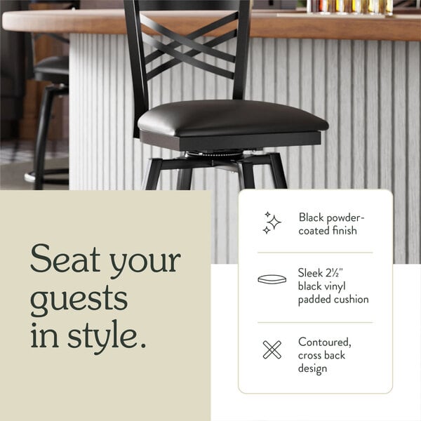 Graphic showing a cross back bar stool with black padded seat and construction details.