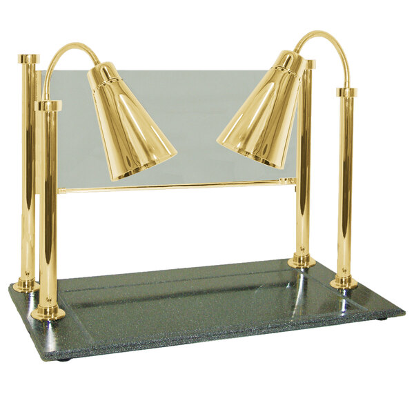 A pair of brass Hanson Heat Lamps on a black synthetic granite surface.