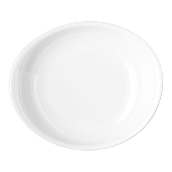 A white melamine pasta plate with a slightly irregular round shape.