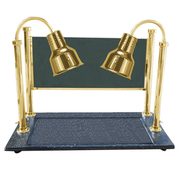 A Hanson Heat Lamps brass carving station with glass sneeze guard.
