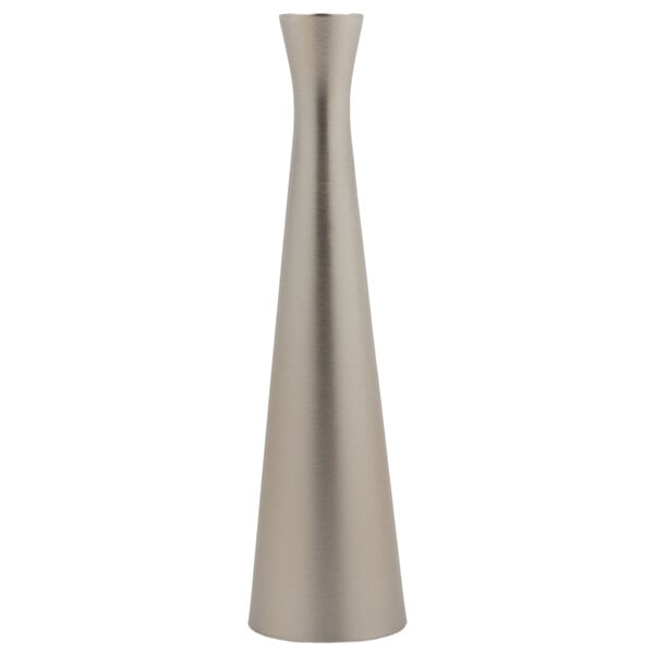 A silver metal Tablecraft hourglass bud vase with a long stem.