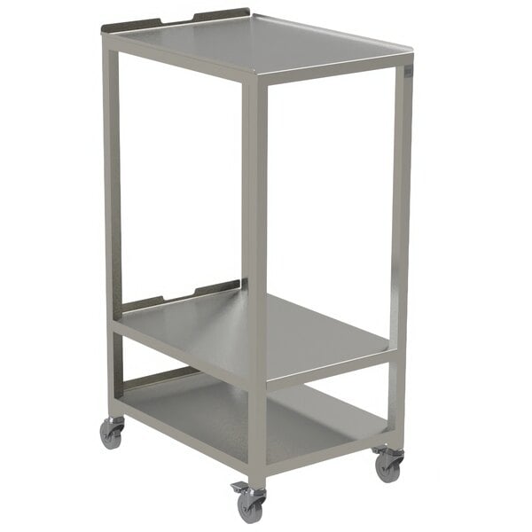 A stainless steel Merrychef stacking cart with wheels and two shelves.