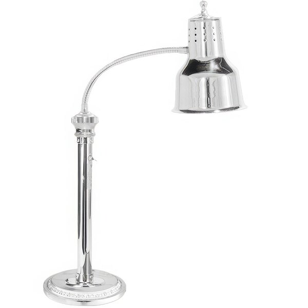 A chrome Hanson Heat Lamp with a curved pole and round base.