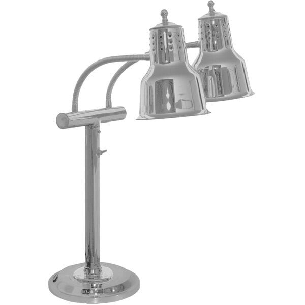 A stainless steel Hanson Heat Lamps dual bulb freestanding lamp with two round bulbs.