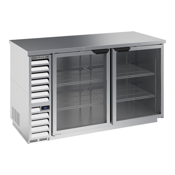 A stainless steel Beverage-Air back bar refrigerator with glass doors.