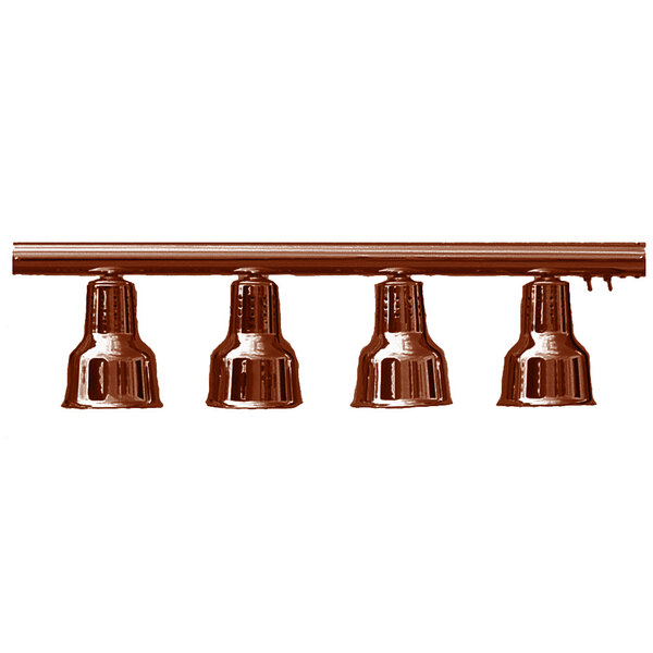 A Hanson hanging heat lamp with a smoked copper finish holding four lights over a bar.
