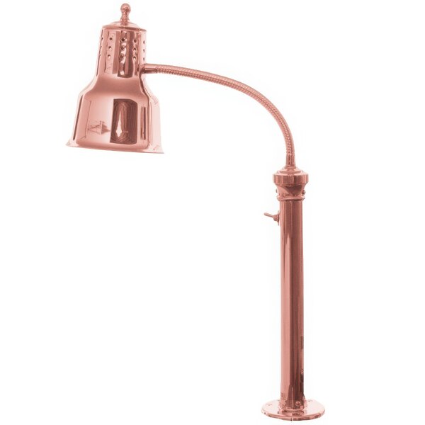 A close-up of a Hanson bright copper heat lamp with a curved pole.