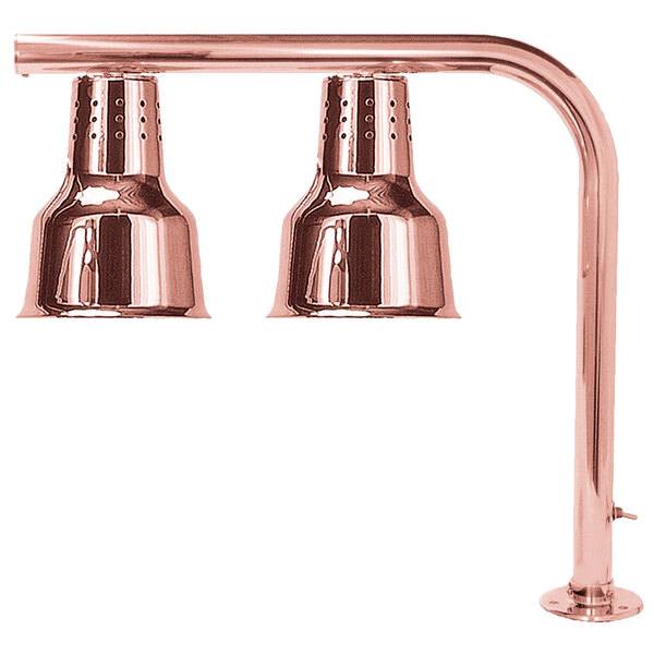 A Hanson Heat Lamps bright copper dual bulb mounted heat lamp.