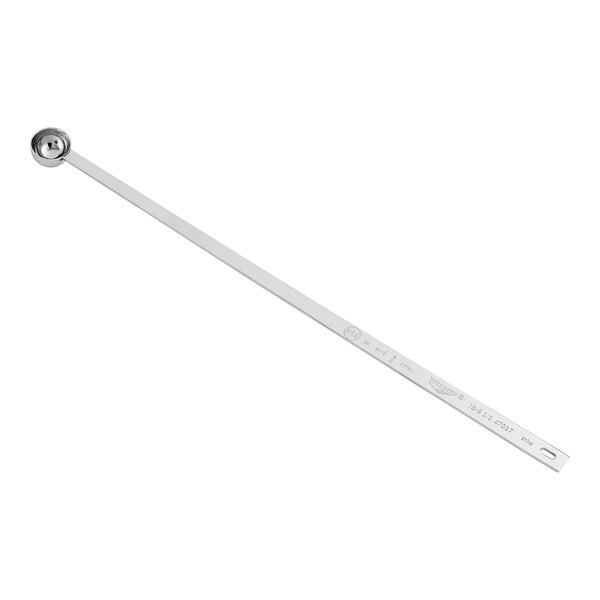 A long white metal Vollrath stainless steel measuring spoon.