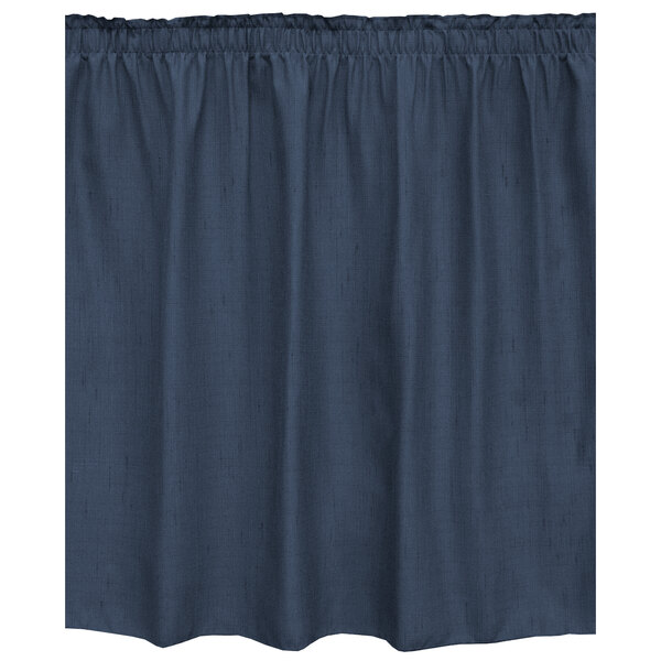 A royal blue Snap Drape table skirt with a ruffled edge.