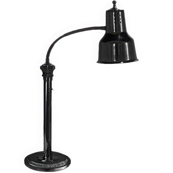 A Hanson Heat Lamps black freestanding heat lamp with a curved pole and metal base.