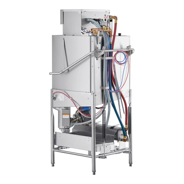 A commercial low temperature door type dishwasher with visible hoses and metal frame.