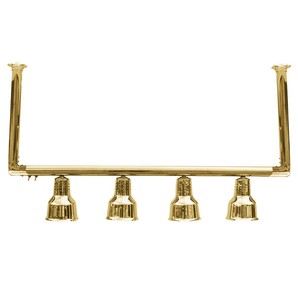 A row of gold Hanson Heat Lamps hanging from the ceiling.