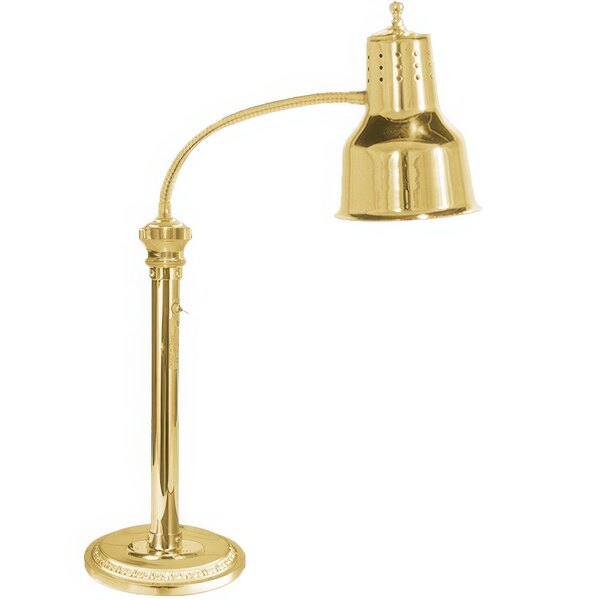 A Hanson Heat Lamps brass freestanding heat lamp with a curved neck and round base.