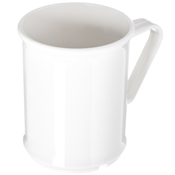 A white mug with a handle.