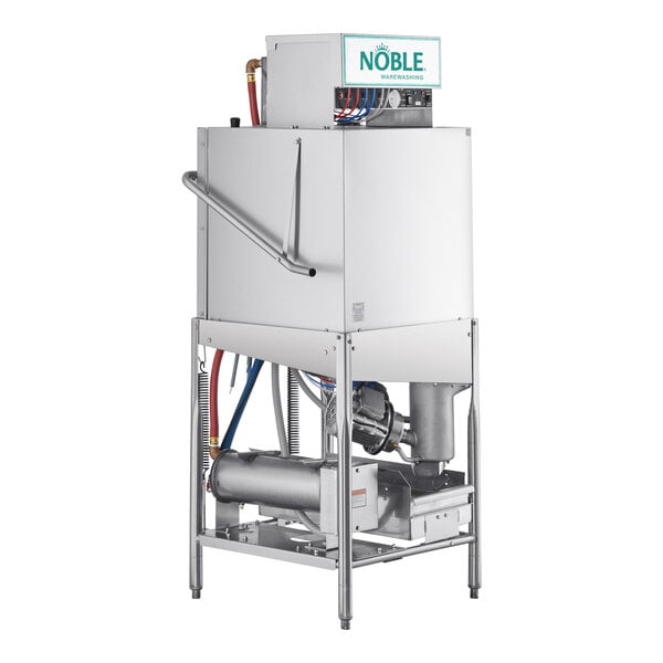 A commercial stainless steel door type dishwasher from Noble Warewashing.