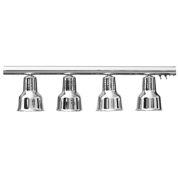 A close-up of a Hanson Heat Lamps chrome hanging bar food warmer.