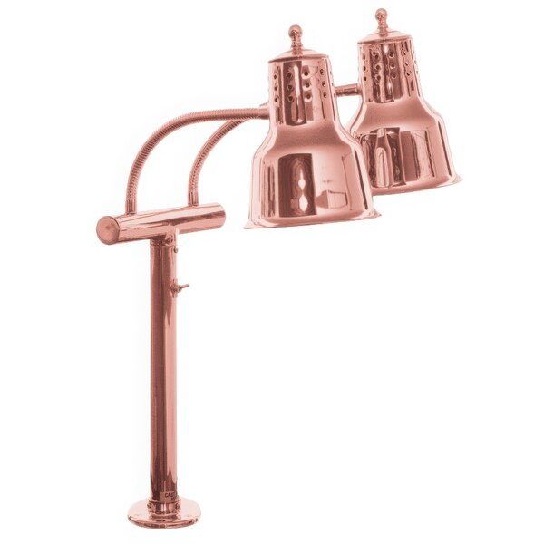 A close-up of a Hanson bright copper heat lamp with two bulbs.