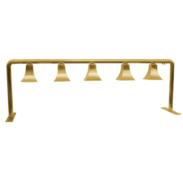 A metal pole with five brass shades over lights.